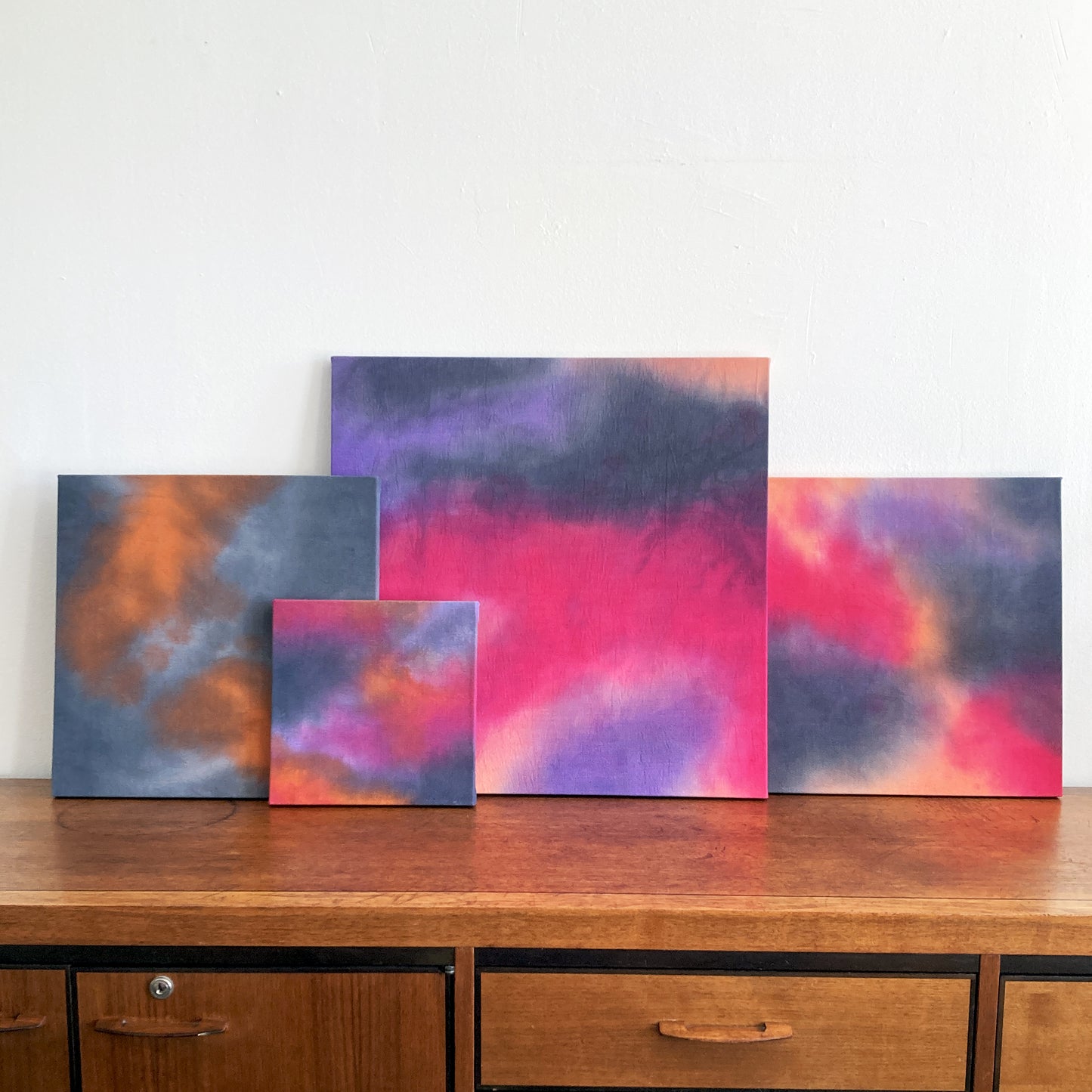 Abstract Painting in Magenta, Gray, Peach, Lilac, 10 x 10 inches