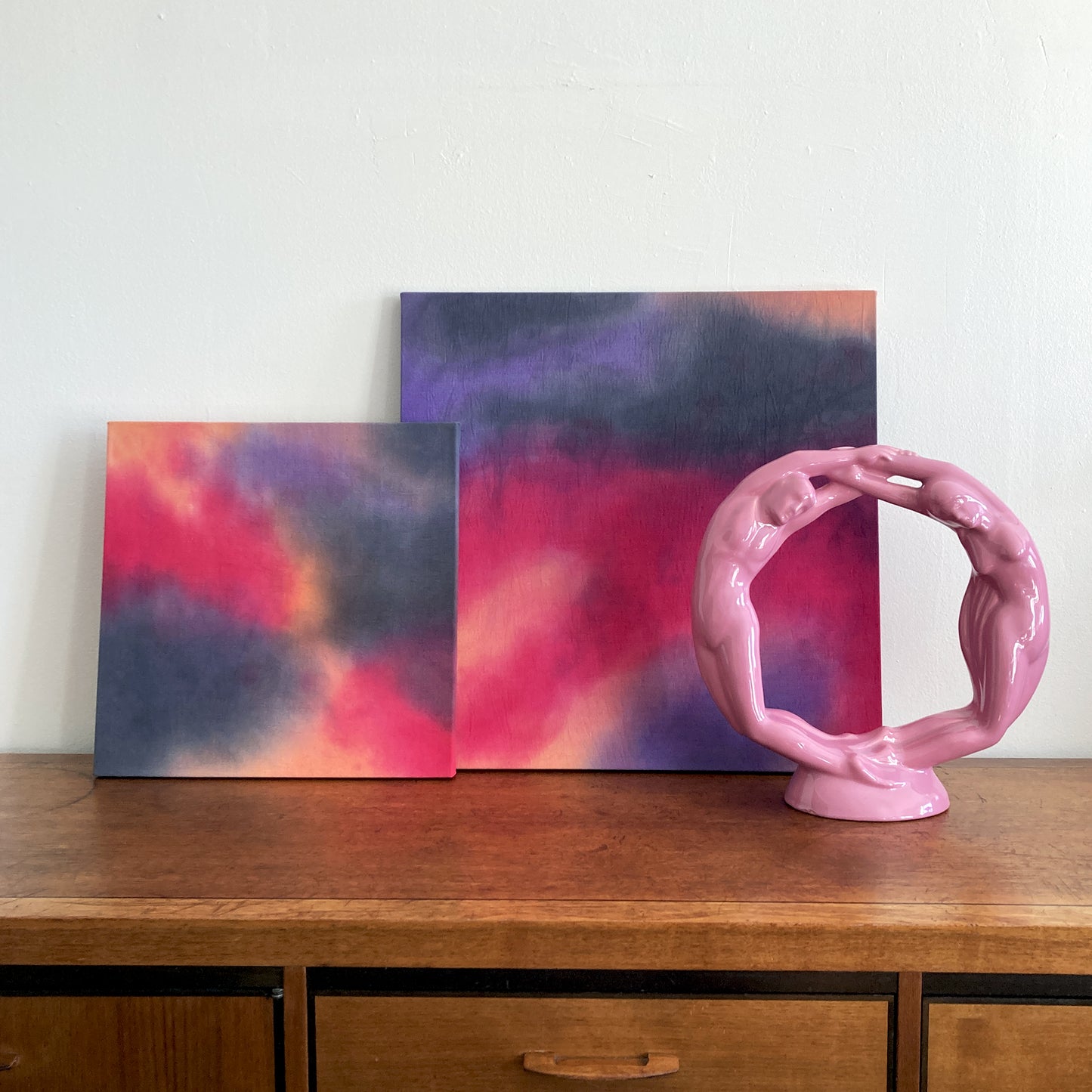 Abstract Painting in Magenta, Slate, Peach, Lilac, 16 x 16 inches