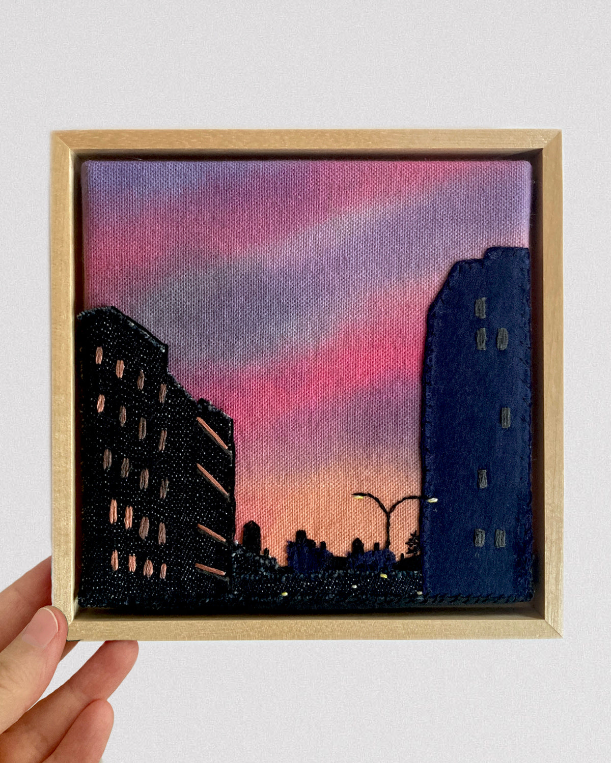 Lower Manhattan Silhouette, Hand Dyed and Embroidered Canvas, 6 x 6 inches