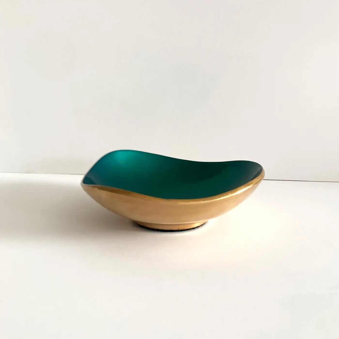 Midcentury Petite Green Enameled Brass Bowl