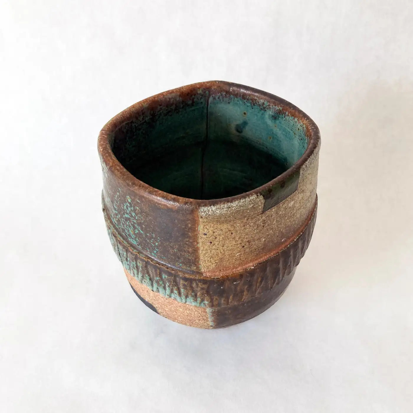 Studio Art Pottery Vase, Green, Brown, Tan, Hand-crafted, Postmodern