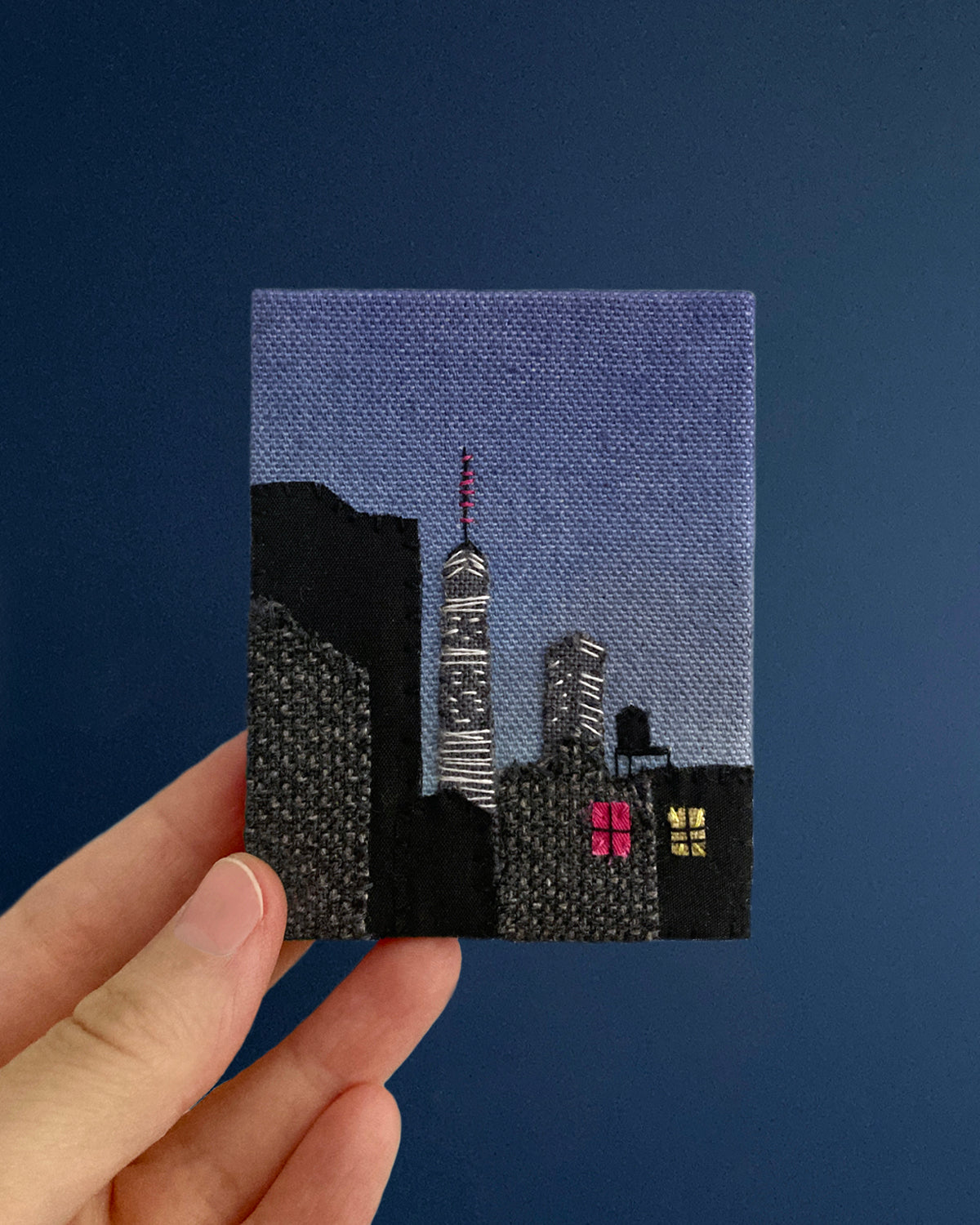 PRE-ORDER New York at Night, Hand Dyed and Embroidered Canvas, 2.75 x 3.5 inches