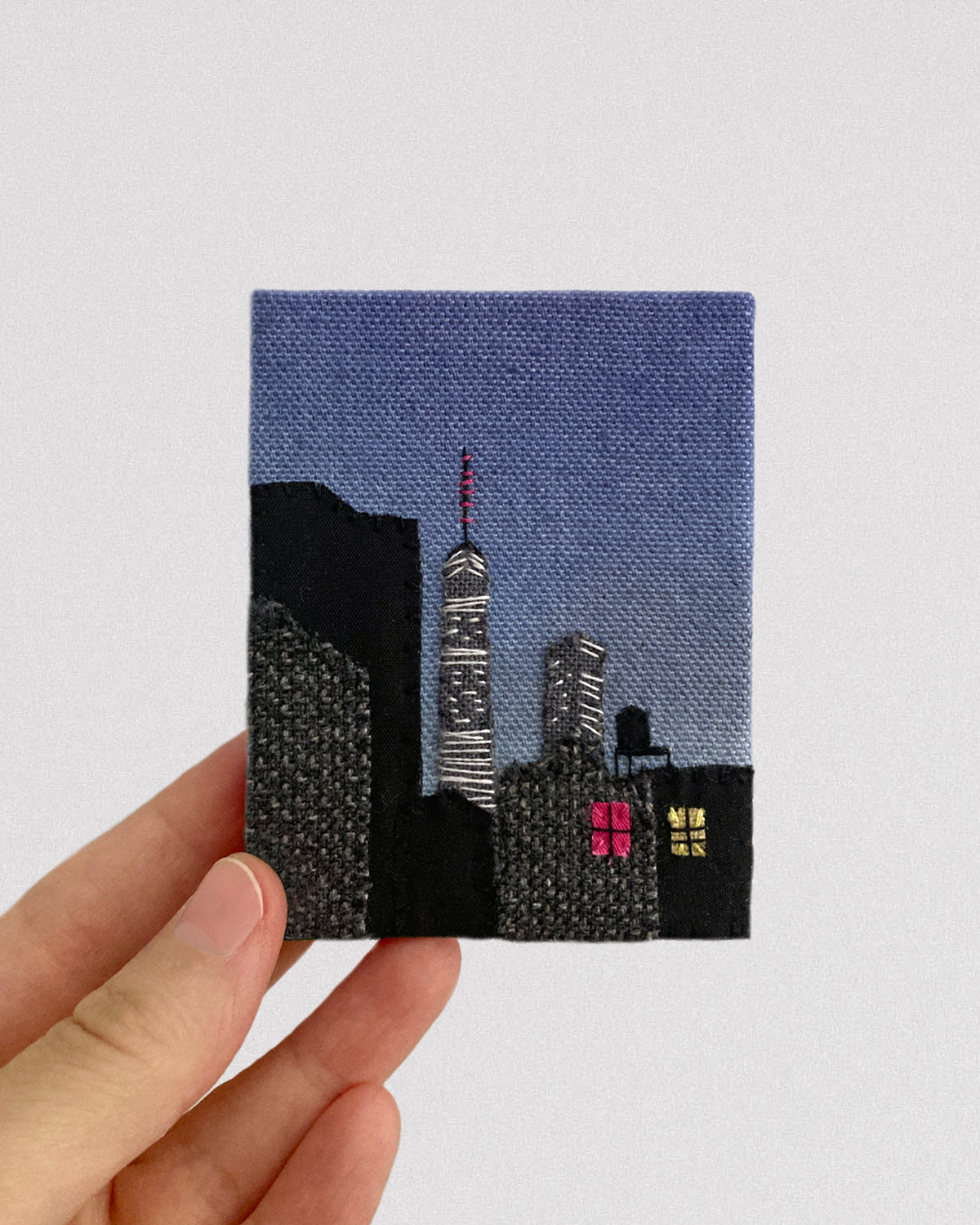 New York at Night, Hand Dyed and Embroidered Canvas, 2.75 x 3.5 inches