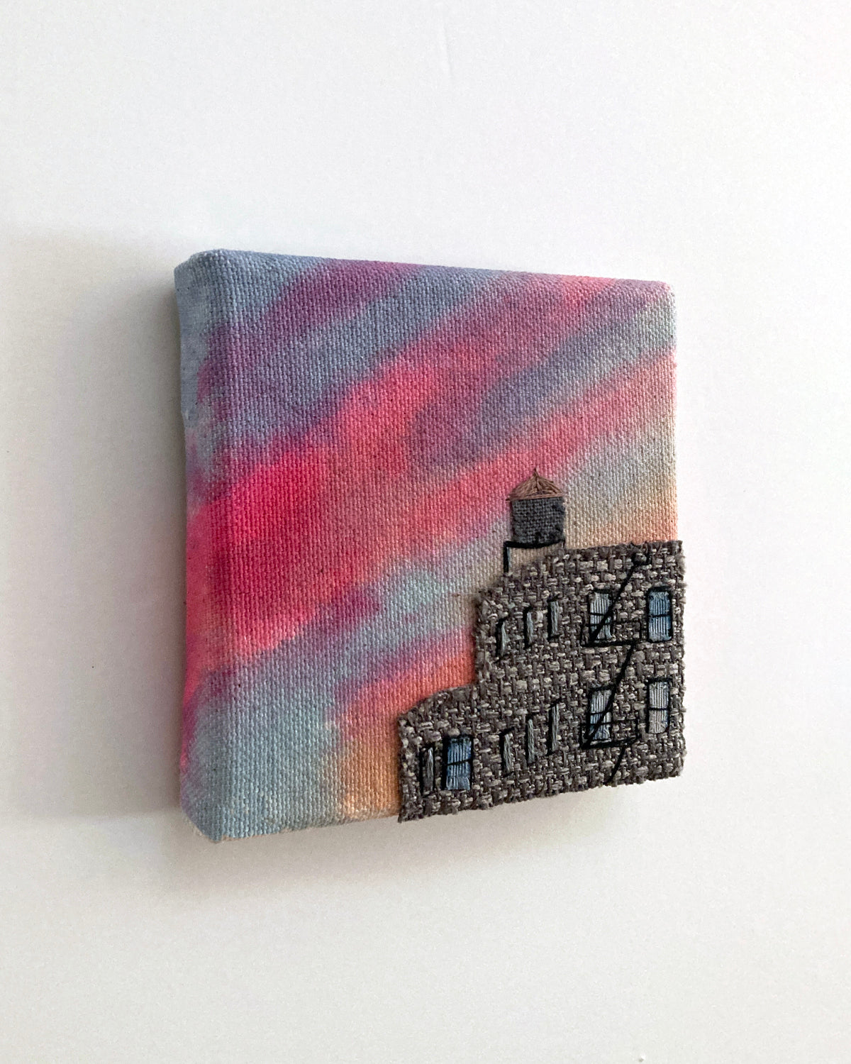 Water Tower Silhouette, Hand Dyed and Embroidered Canvas, 4 x 4 inches