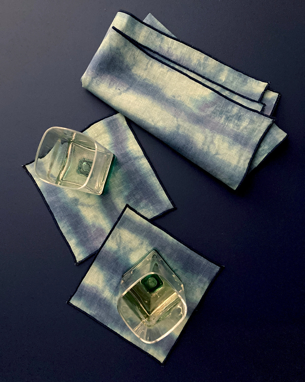 Hand Painted Jade & Indigo Striped Cocktail Napkins, Set of Four