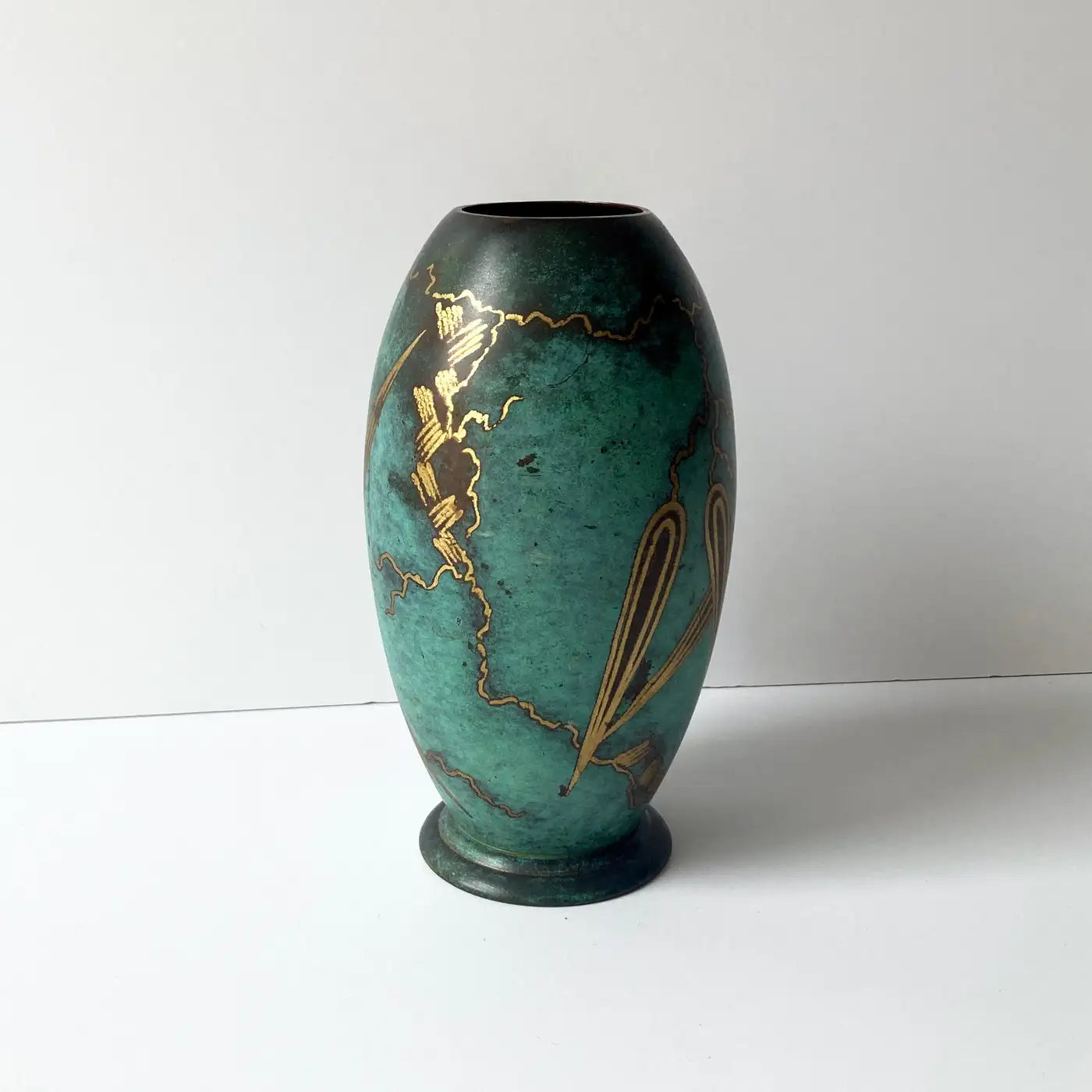 WMF Ikora Green Patinated Paul Haustein Art Deco Vase, Abstract Leaves, 1930s