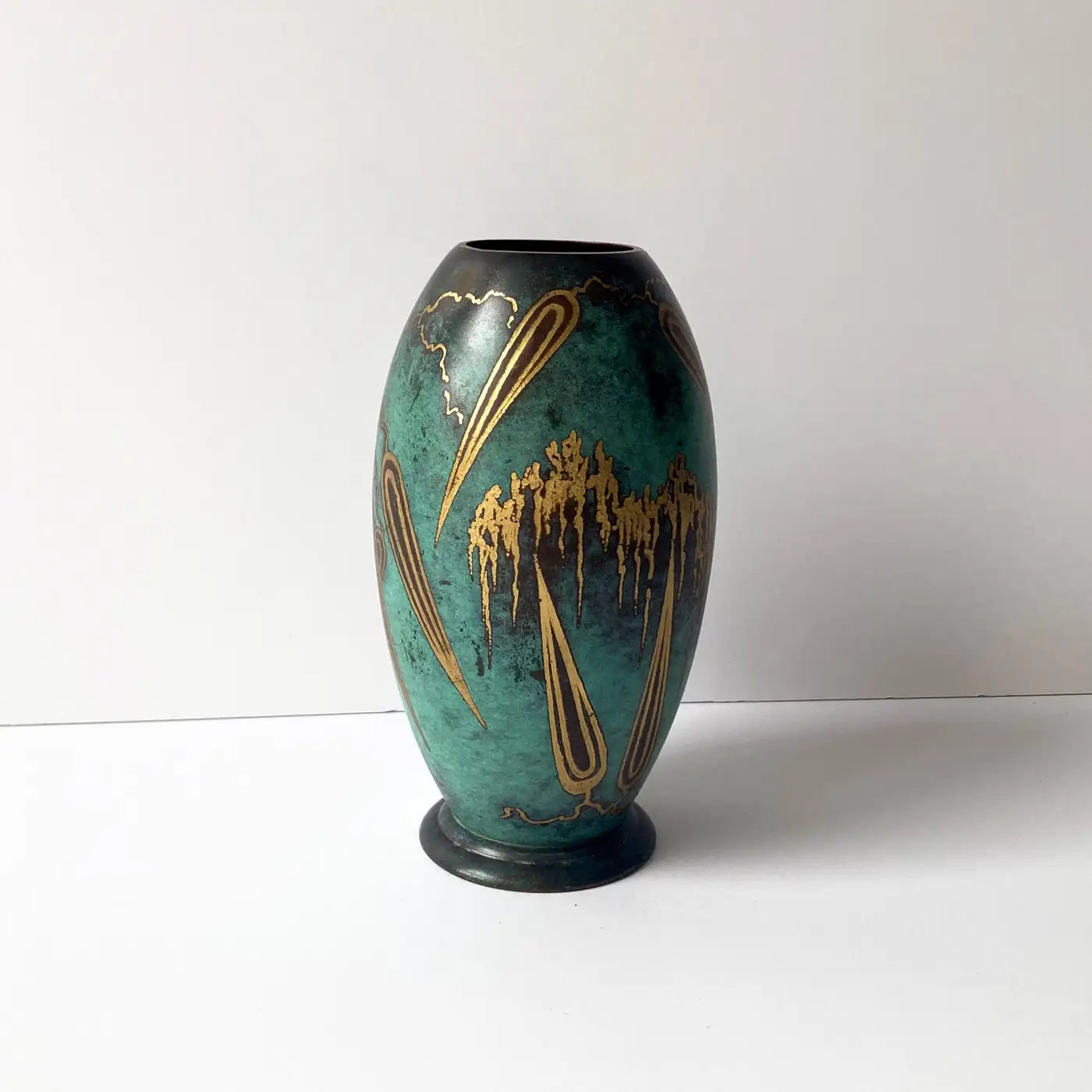 WMF Ikora Green Patinated Paul Haustein Art Deco Vase, Abstract Leaves, 1930s