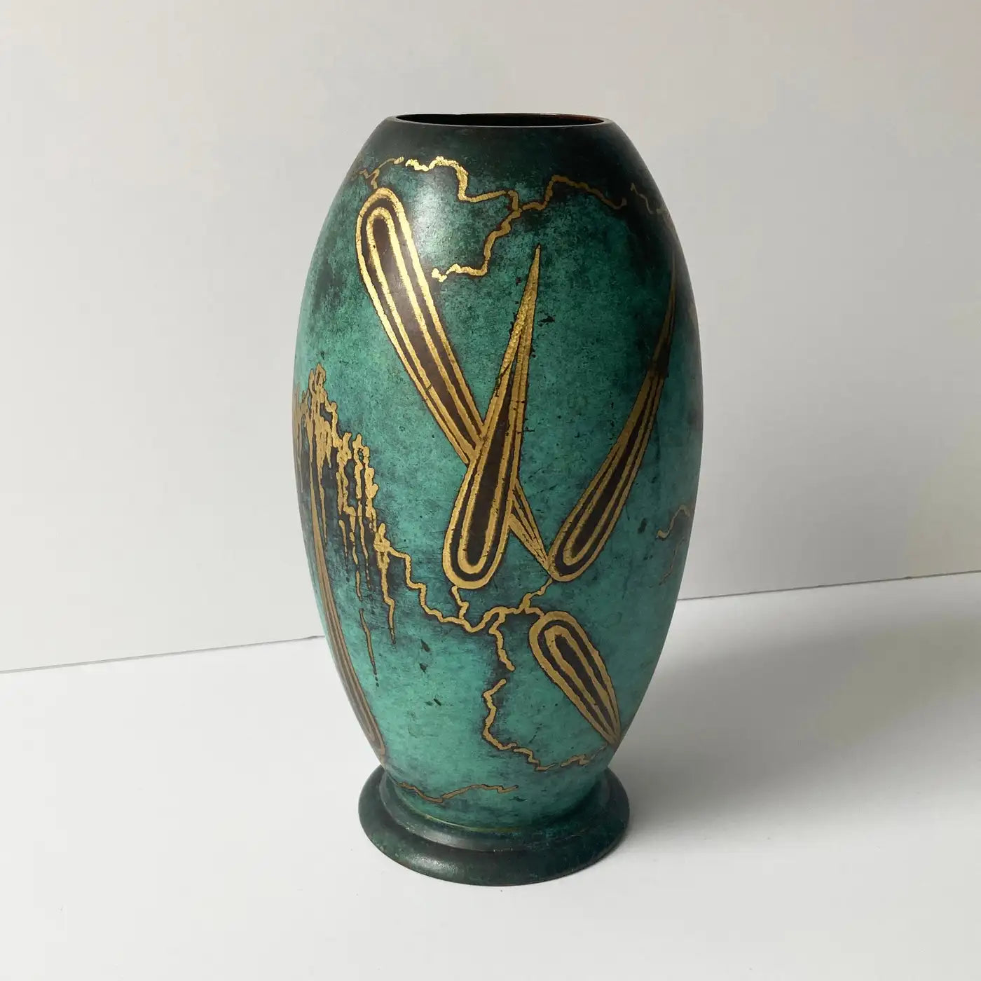 WMF Ikora Green Patinated Paul Haustein Art Deco Vase, Abstract Leaves, 1930s