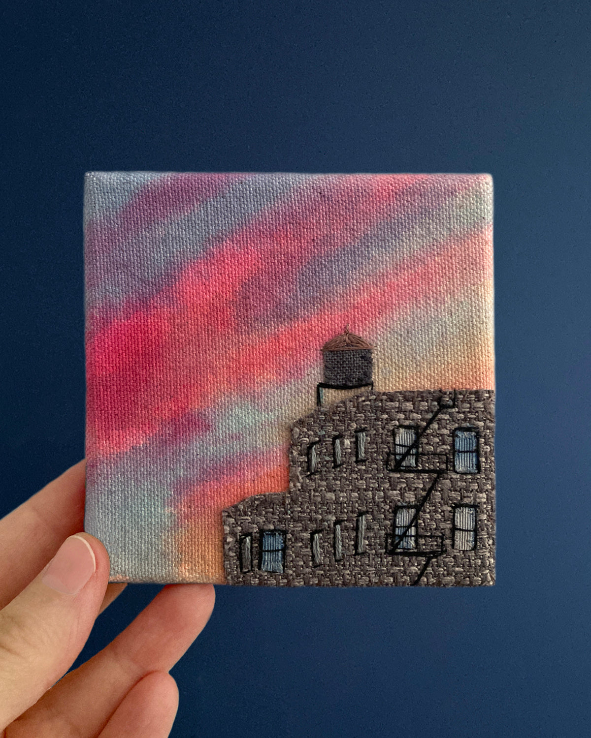 PRE-ORDER Water Tower Silhouette, Hand Dyed and Embroidered Canvas, 4 x 4 inches