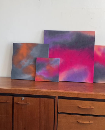 Abstract Painting in Magenta, Slate, Peach, Lilac, 16 x 16 inches