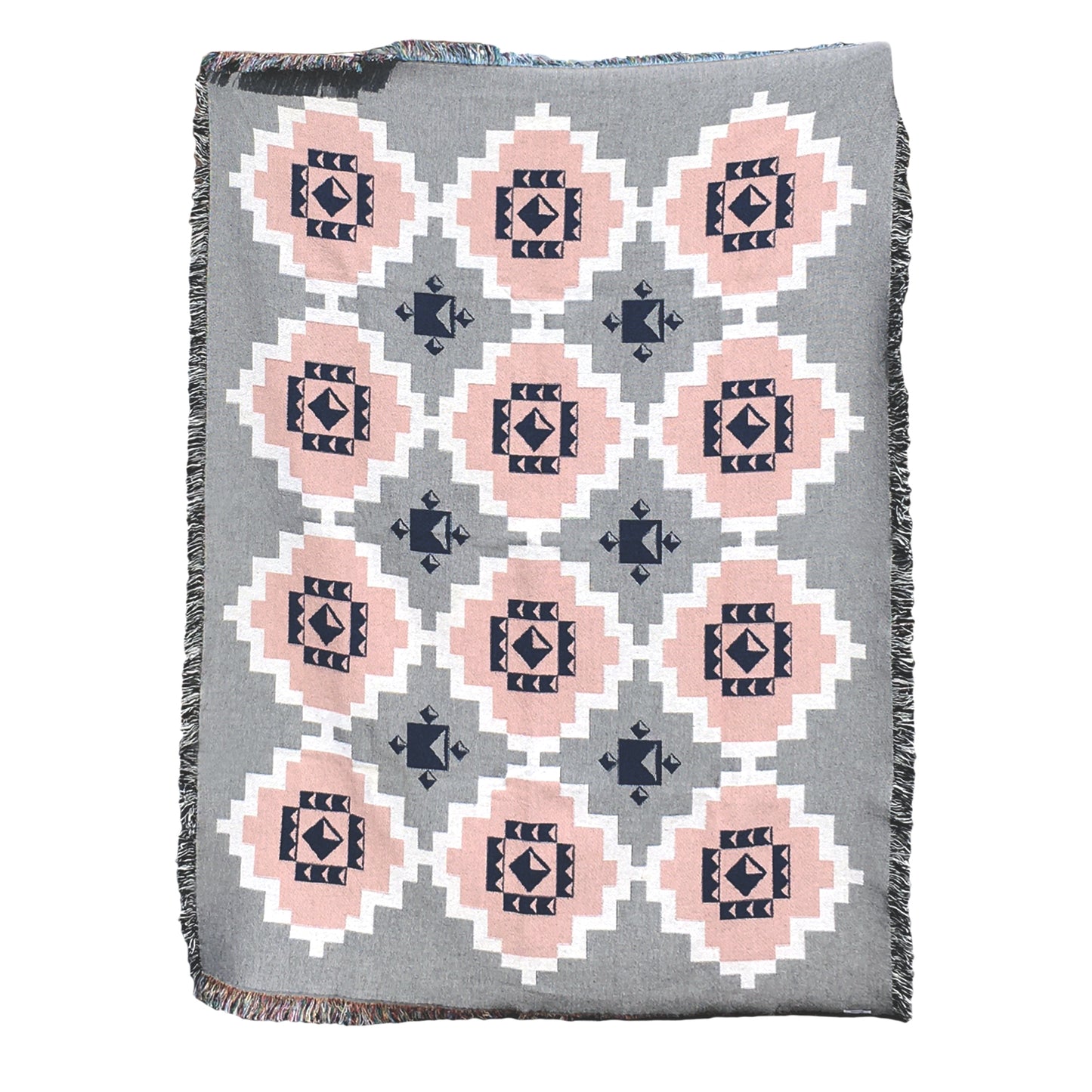 Gray geometric print woven throw with fringe edge, with accents of pink, white and navy. Woven with recycled cotton on a jacquard loom, made in the US. Each throw measures 54 x 72 inches.
This geometric patterned throw is inspired by early 20th century woven coverlets. The updated, bold geometric pattern offers a fresh perspective on a long-forgotten craft.