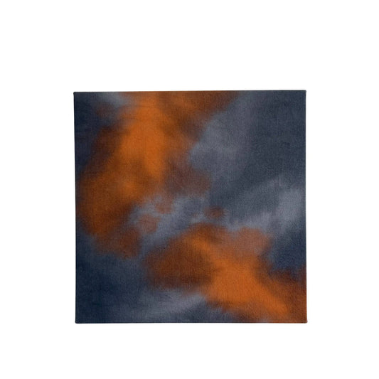 16 x 16 inch canvas painted in a cloud pattern with shades of gray, blue and orange.