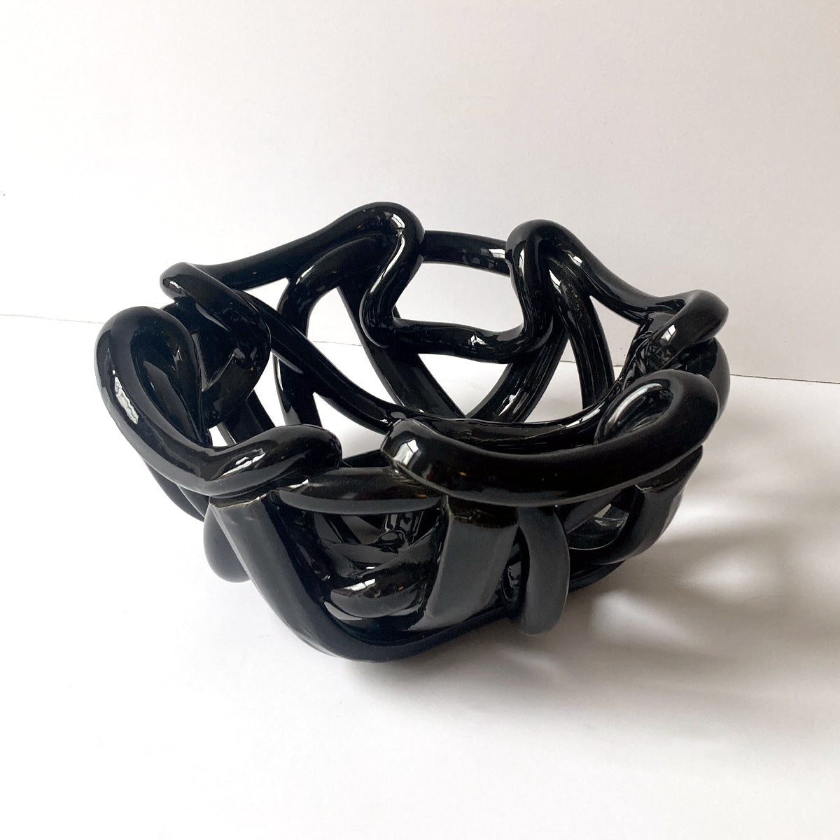 Postmodern Black Ceramic Braided Woven Abstract Centerpiece Bowl