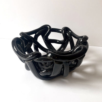 Postmodern Black Ceramic Braided Woven Abstract Centerpiece Bowl