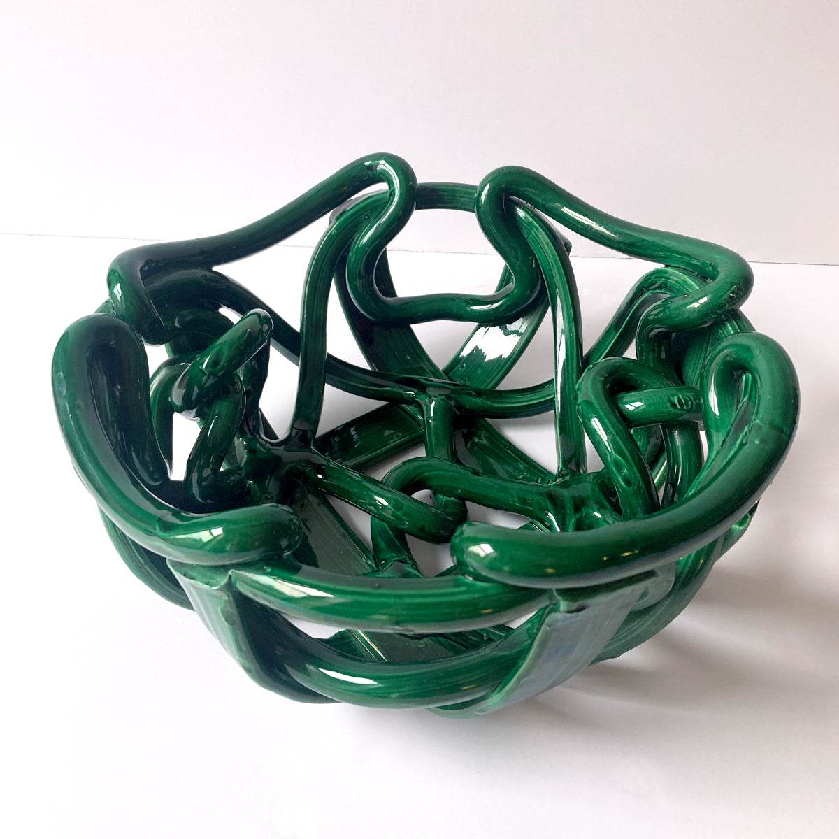 Postmodern Green Ceramic Braided Woven Abstract Centerpiece Bowl