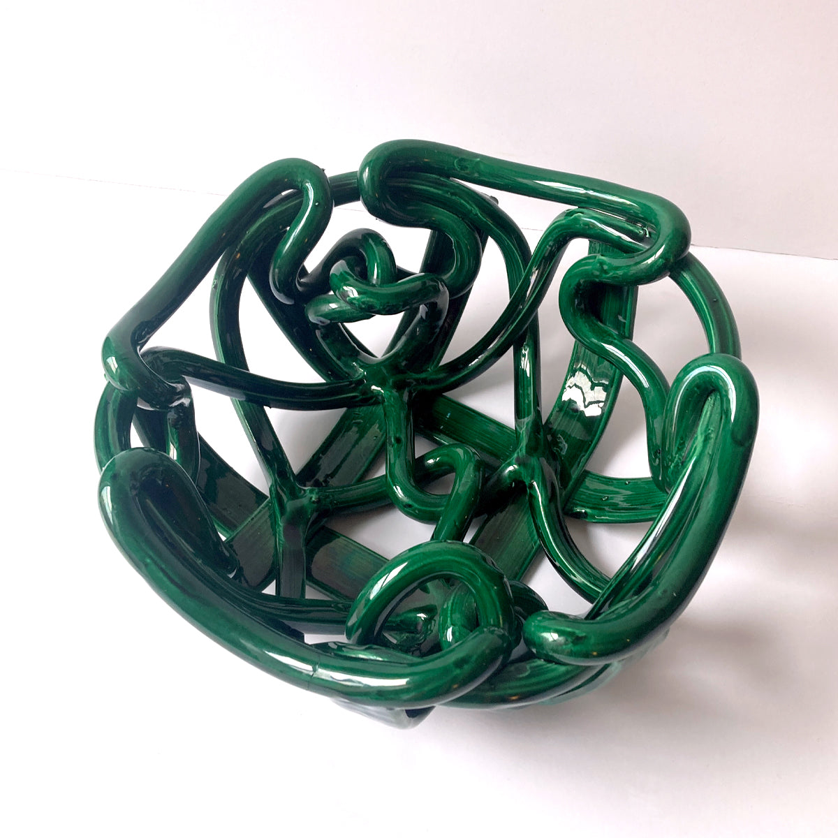 Postmodern Green Ceramic Braided Woven Abstract Centerpiece Bowl