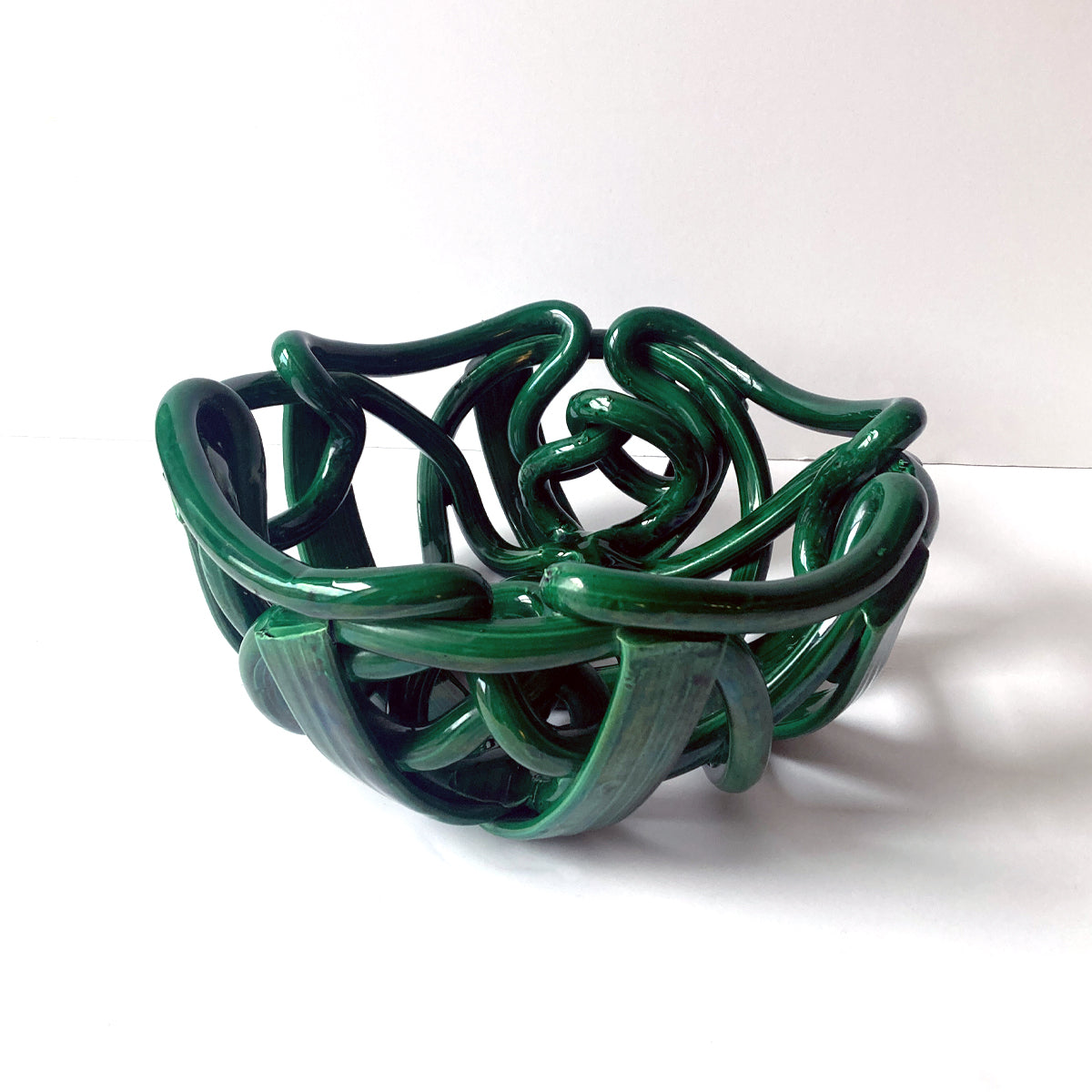 Postmodern Green Ceramic Braided Woven Abstract Centerpiece Bowl