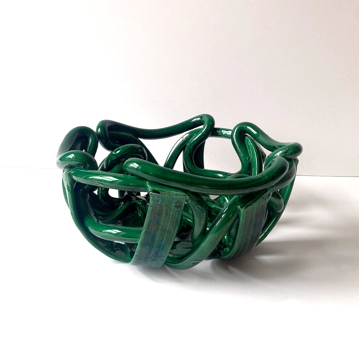 Postmodern Green Ceramic Braided Woven Abstract Centerpiece Bowl