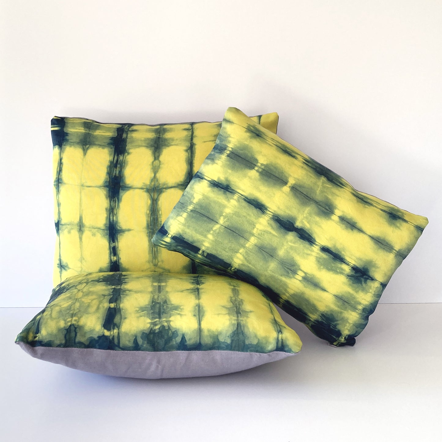 Hand Dyed Silk Pillow, Canary Yellow & Indigo Dash