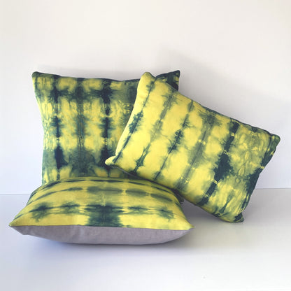 Hand Dyed Silk Pillow, Canary Yellow & Indigo Ripple