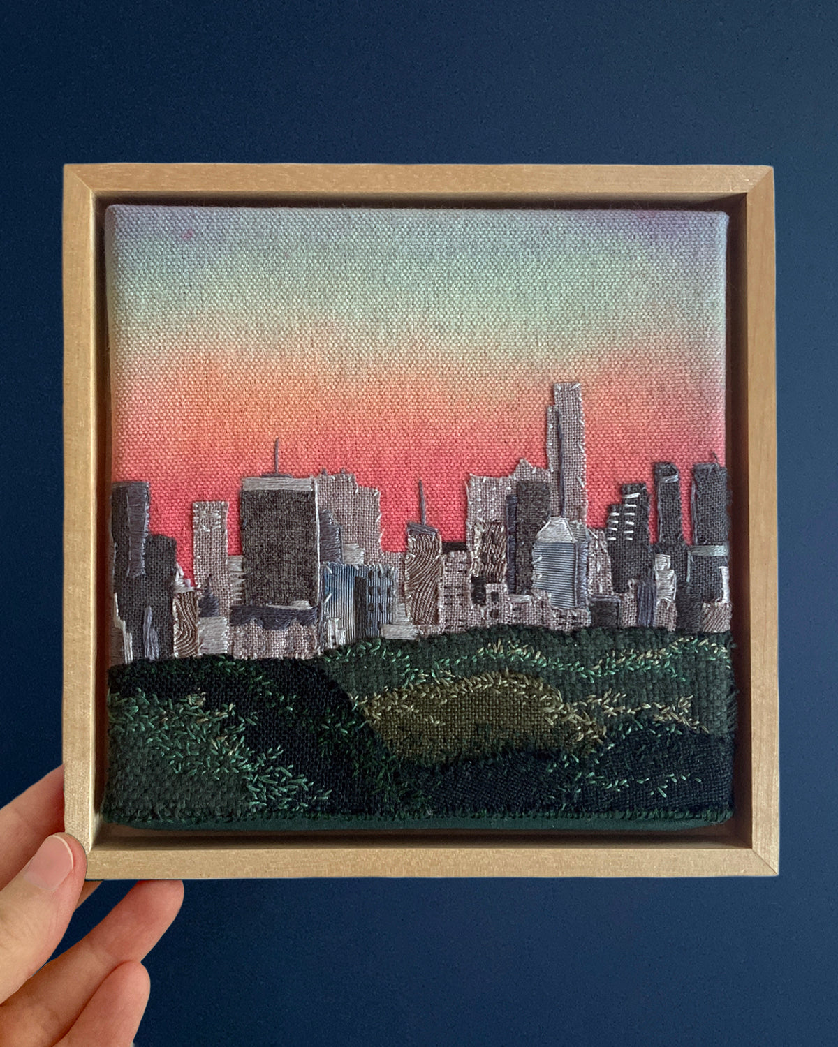 Overlooking Central Park, Hand Dyed and Embroidered Canvas, 6 x 6 inches