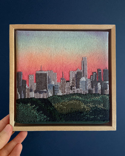 Overlooking Central Park, Hand Dyed and Embroidered Canvas, 6 x 6 inches