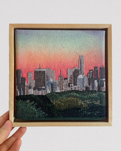 Overlooking Central Park, Hand Dyed and Embroidered Canvas, 6 x 6 inches