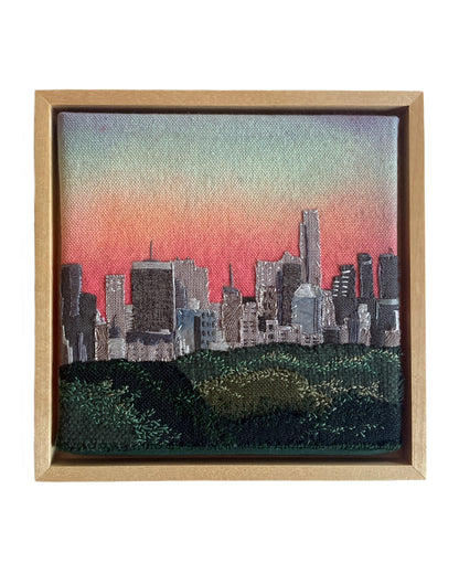 Overlooking Central Park, Hand Dyed and Embroidered Canvas, 6 x 6 inches