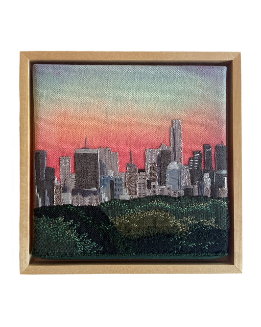 Overlooking Central Park, Hand Dyed and Embroidered Canvas, 6 x 6 inches
