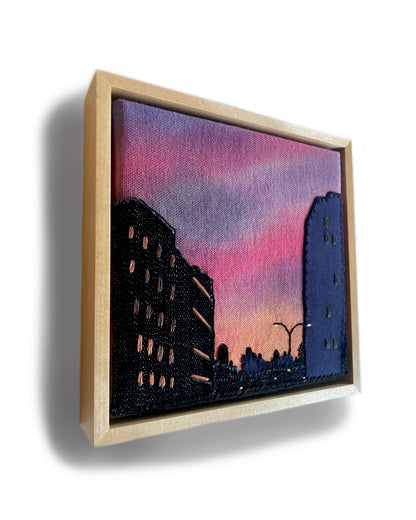 Lower Manhattan Silhouette, Hand Dyed and Embroidered Canvas, 6 x 6 inches