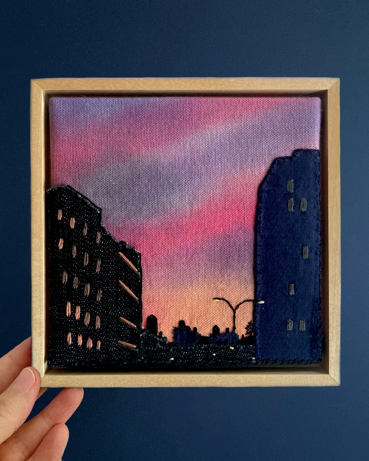 Lower Manhattan Silhouette, Hand Dyed and Embroidered Canvas, 6 x 6 inches