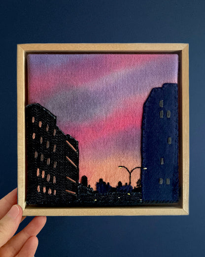 Lower Manhattan Silhouette, Hand Dyed and Embroidered Canvas, 6 x 6 inches