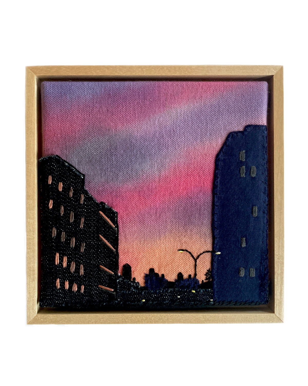 Lower Manhattan Silhouette, Hand Dyed and Embroidered Canvas, 6 x 6 inches