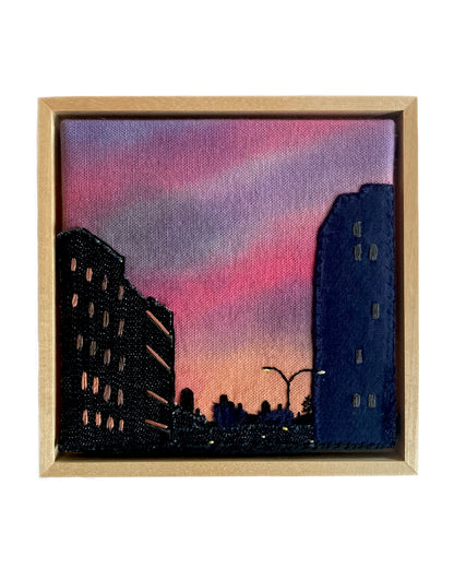 Lower Manhattan Silhouette, Hand Dyed and Embroidered Canvas, 6 x 6 inches