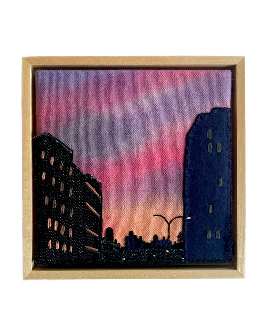 Lower Manhattan Silhouette, Hand Dyed and Embroidered Canvas, 6 x 6 inches