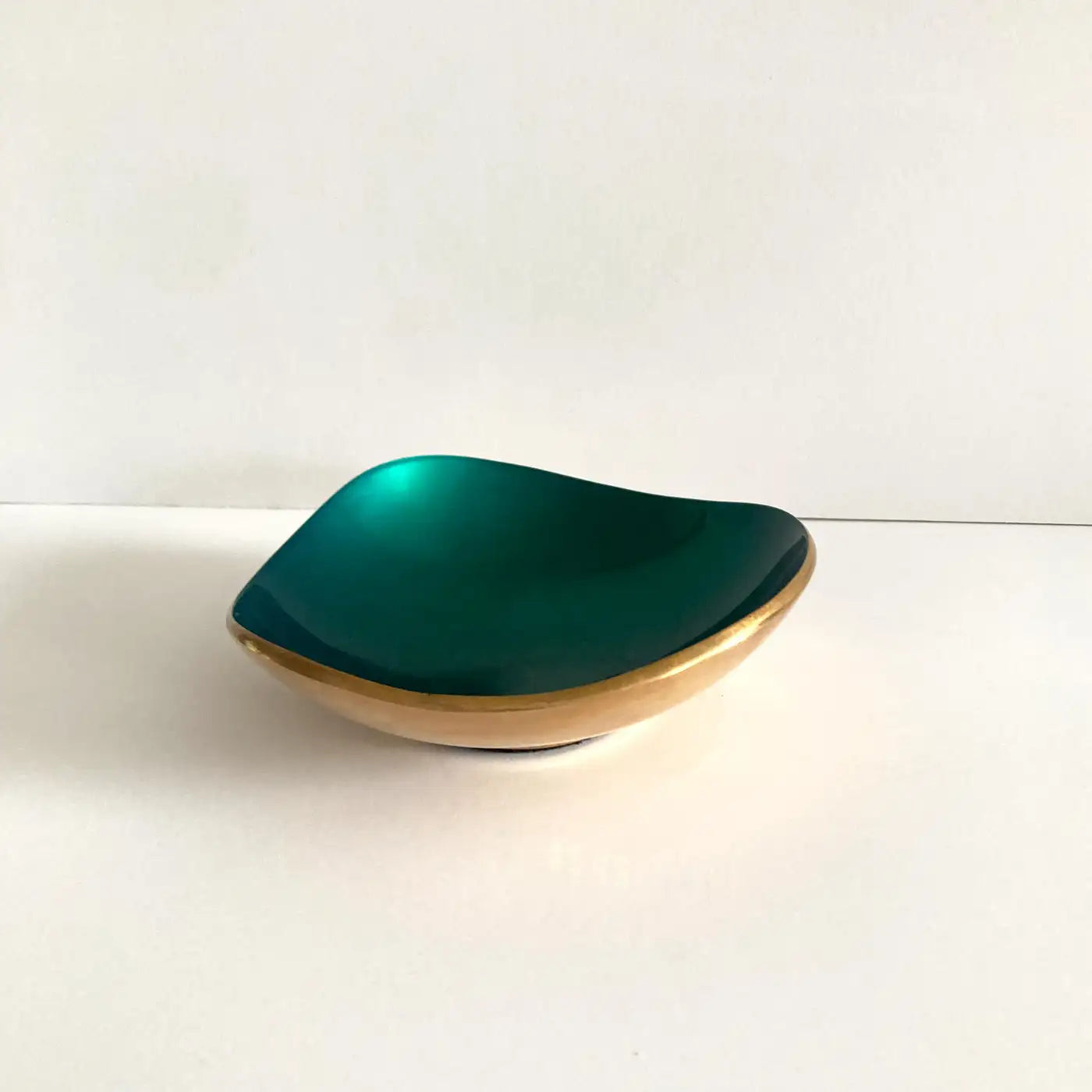 Midcentury Petite Green Enameled Brass Bowl