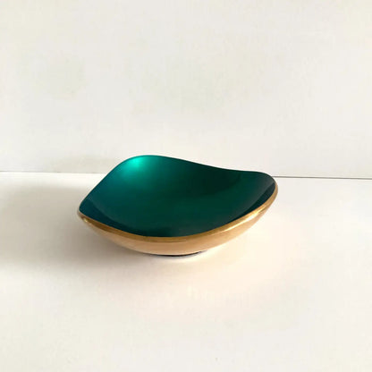 Midcentury Petite Green Enameled Brass Bowl