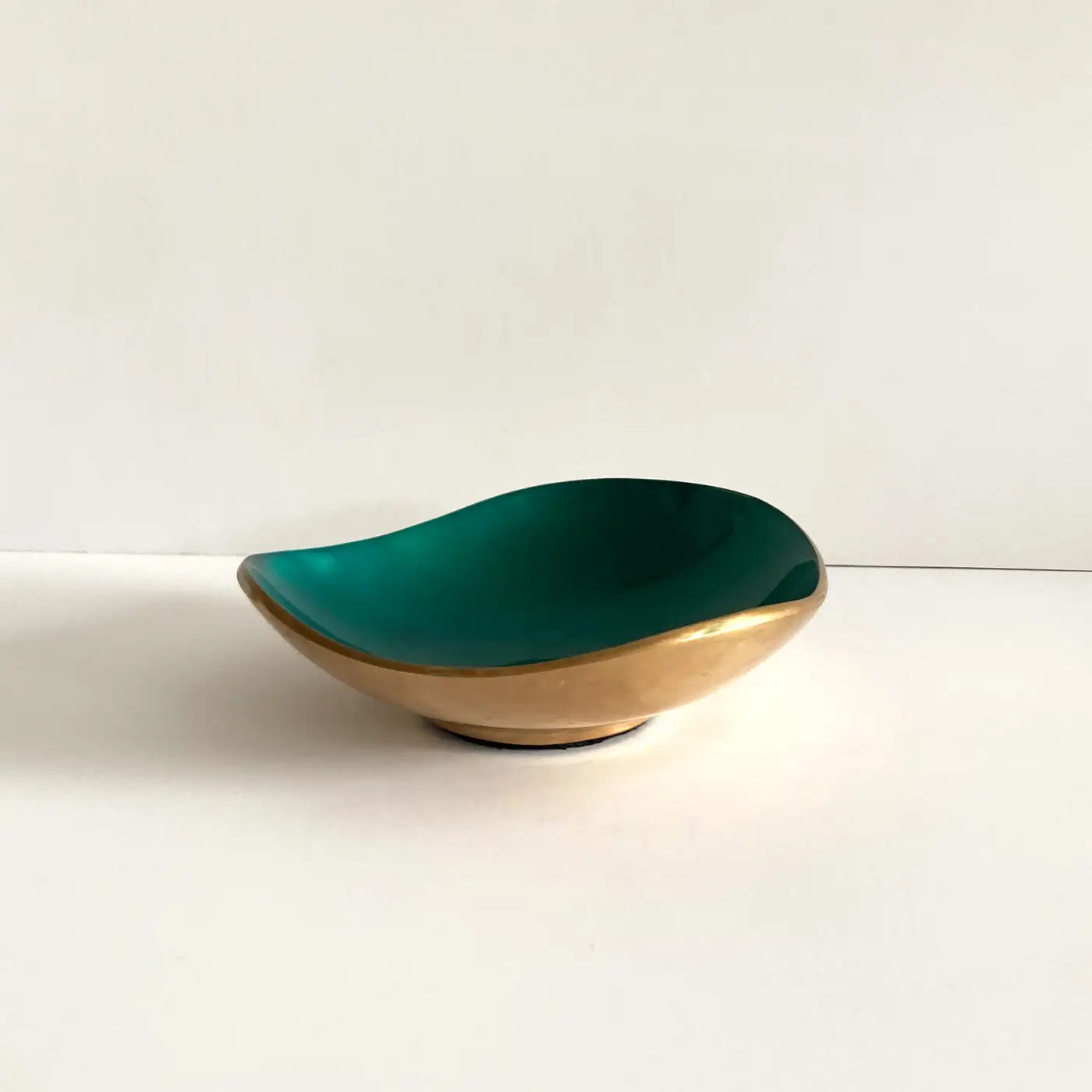 Midcentury Petite Green Enameled Brass Bowl