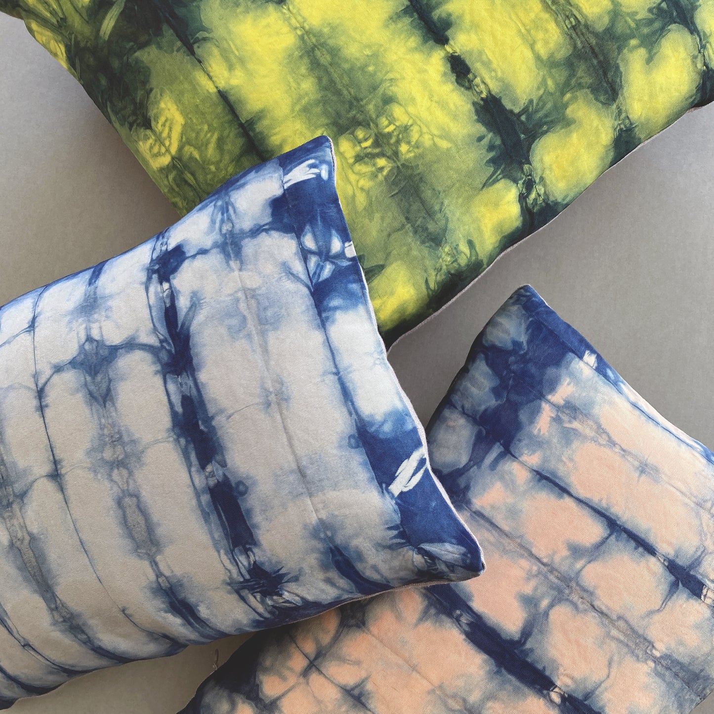 Hand Dyed Silk Pillow, Canary Yellow & Indigo Waves