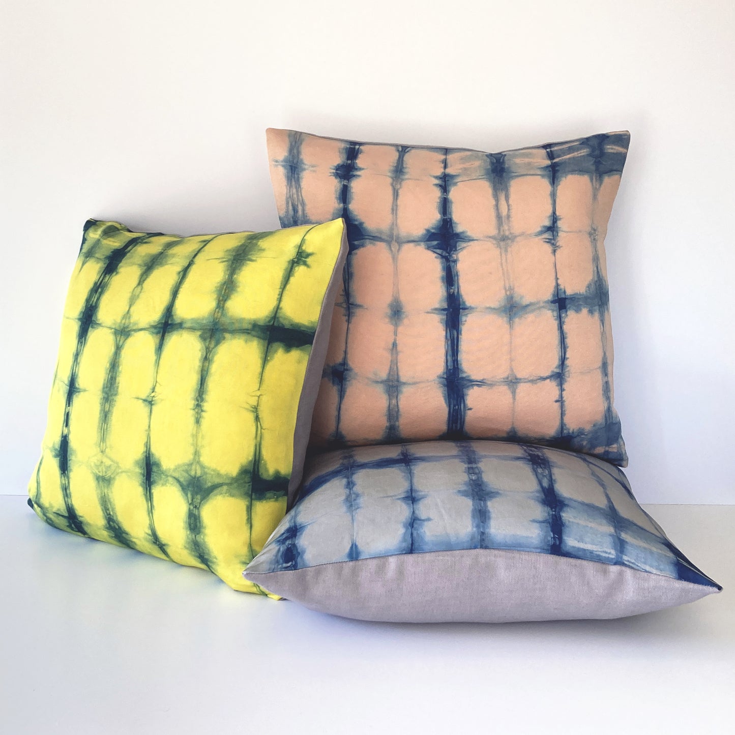 Hand Dyed Silk Pillow, Canary Yellow & Indigo Grid