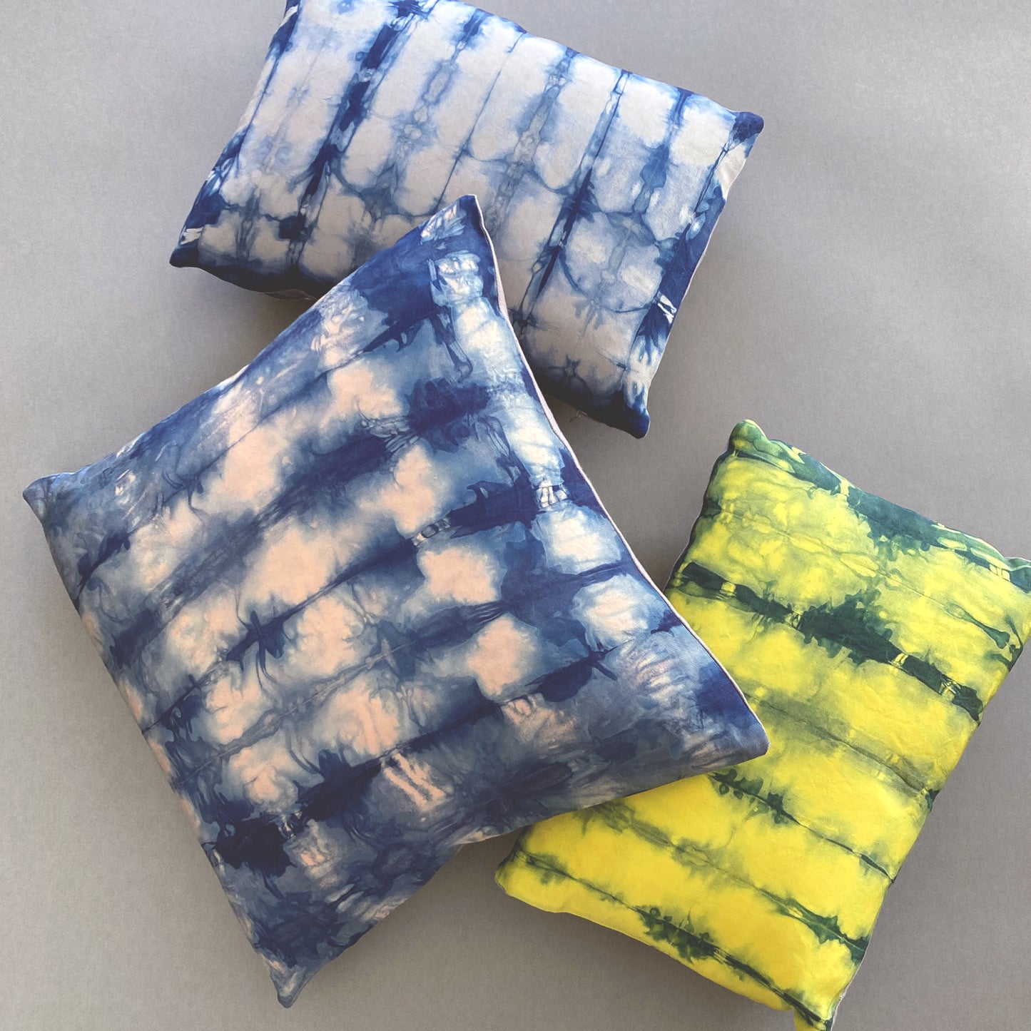Hand Dyed Silk Pillow, Silver Gray & Indigo Ripple