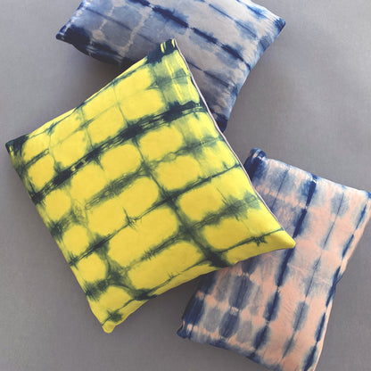 Hand Dyed Silk Pillow, Canary Yellow & Indigo Grid