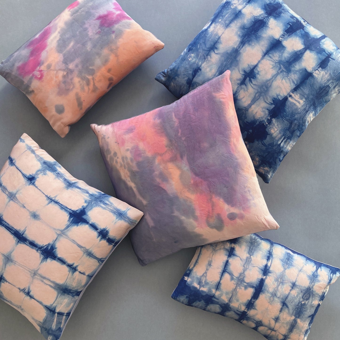 Hand Dyed Silk Pillow, Rose Pink & Indigo Waves