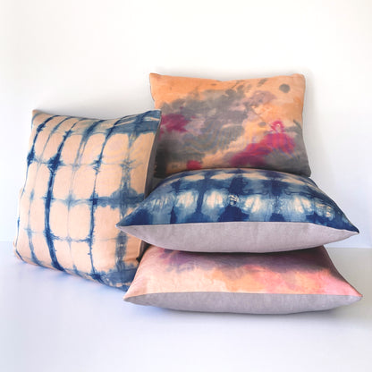 Hand Dyed Silk Pillow, Rose Pink & Indigo Grid