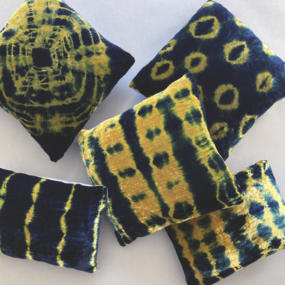 Hand Dyed Silk Velvet Pillow, Gold & Indigo Pleat