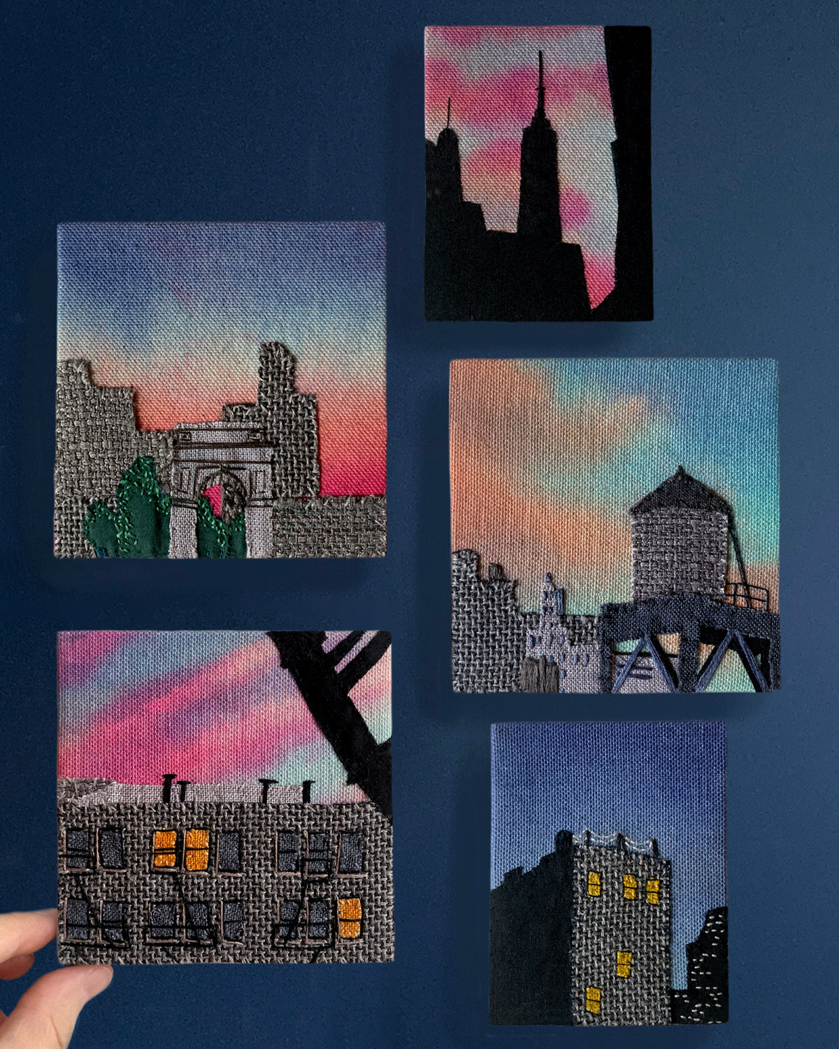 Empire Silhouette, Hand Dyed and Embroidered Canvas, 2.75 x 3.5 inches