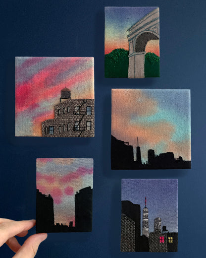 Water Tower Silhouette, Hand Dyed and Embroidered Canvas, 4 x 4 inches