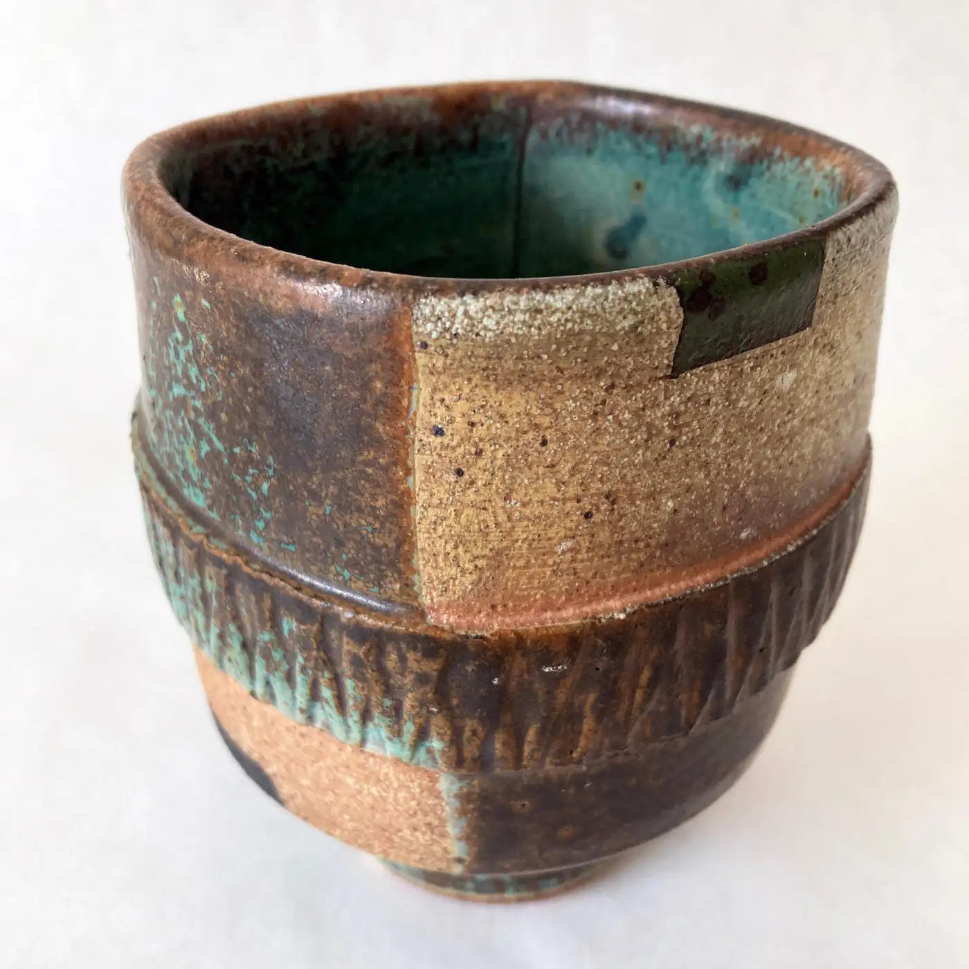 Studio Art Pottery Vase, Green, Brown, Tan, Hand-crafted, Postmodern