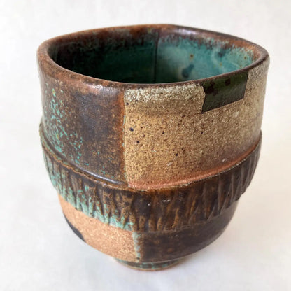 Studio Art Pottery Vase, Green, Brown, Tan, Hand-crafted, Postmodern