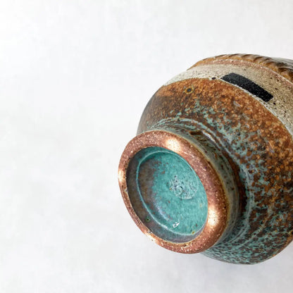 Studio Art Pottery Vase, Green, Brown, Tan, Hand-crafted, Postmodern